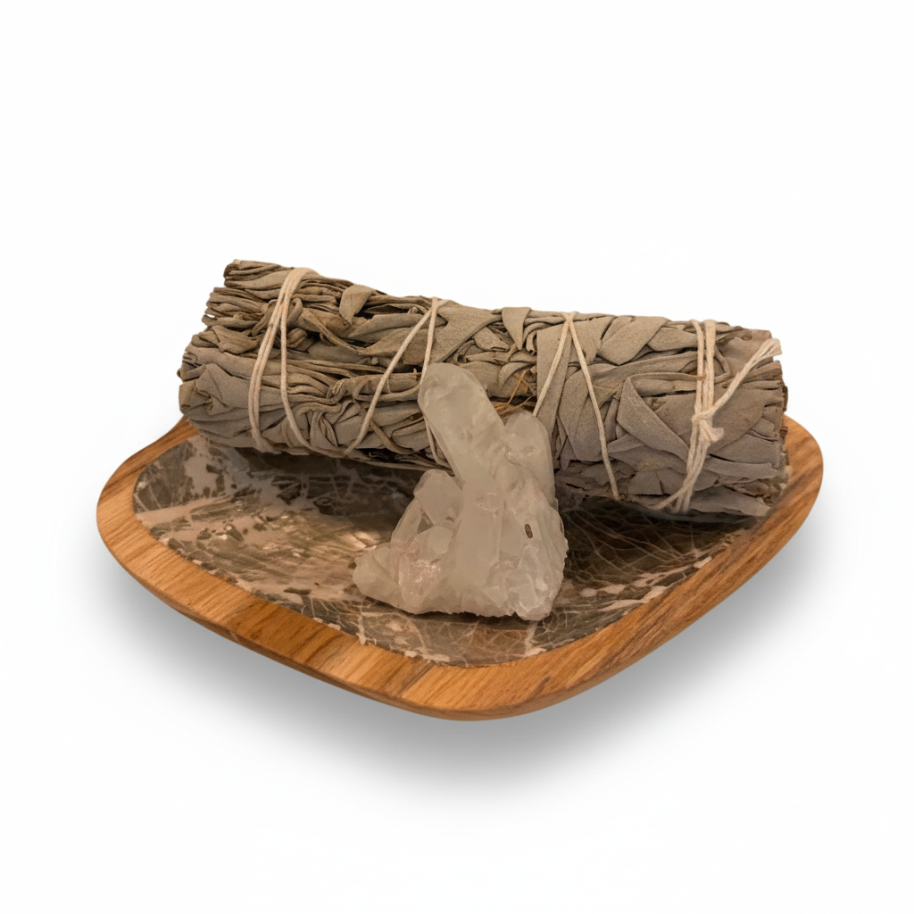 Smudge & bergkristal met abalone schaaltje