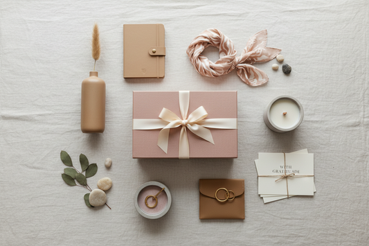 Flatlay van premium cadeaupakket met stijlvolle producten en rustige kleuren