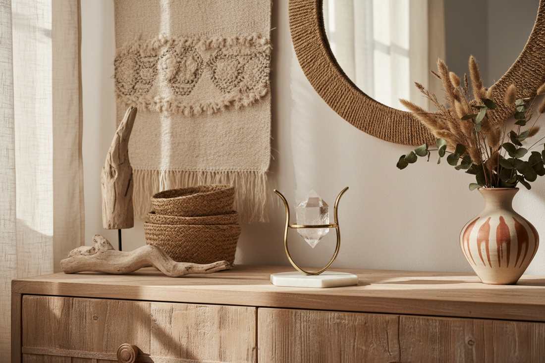Bergkristal decoratie op dressoir in stijlvol interieur