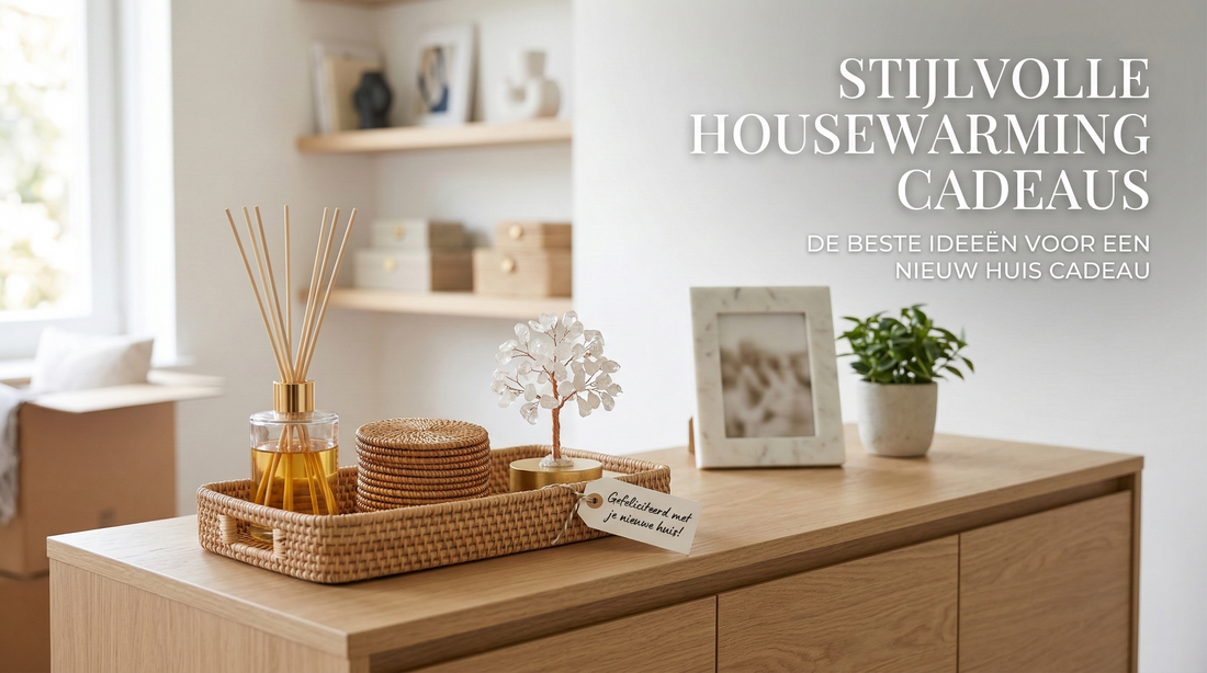 Stijlvol housewarming cadeau op dressoir in warm interieur