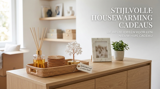Stijlvol housewarming cadeau op dressoir in warm interieur