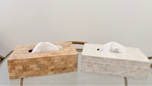 Schelpen tissue box parelmoer goud/wit