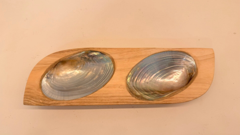 Dubbel schaaltje teak hout/schelp